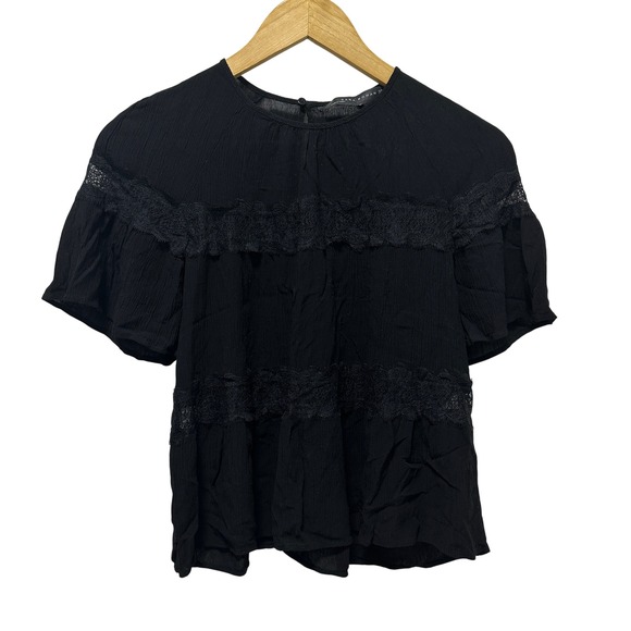 Zara Woman Tops - Zara Woman Blouse Womens XS Black‎ Lace Trim Textured Short Sleeve Keyhole Back
